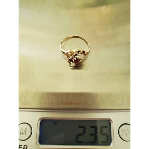 Antique 10K Ruby and Opal Bypass Ring - Picture 7 of 9